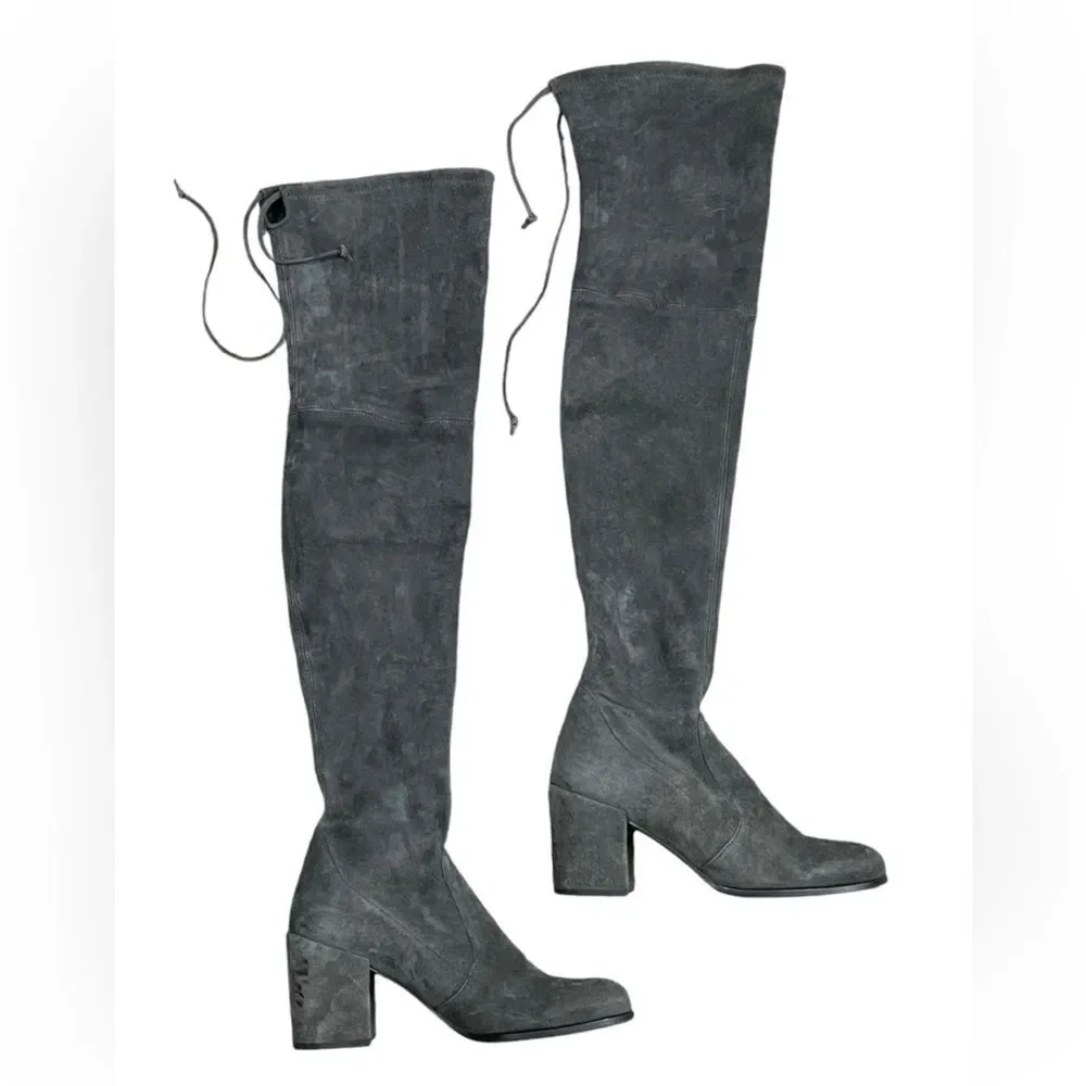 Stuart Weitzman Gray Suede Over-the-Knee Boots Sz‎ 7 Almond Toe Block Heel Shoes